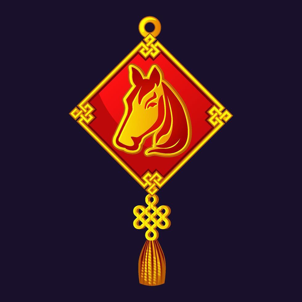 Chinese amulet with knot and symbol Chinese New Year of the Horse,Lucky charm. Golden Horse with Knot in Chinese. Zodiac symbol 2026 new year vector