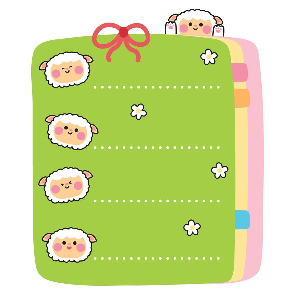Cute sheep face with bow and flower on paper note.To do list.Stationary.Writing.Farm animal character cartoon design.Kawaii.Illustration. vector