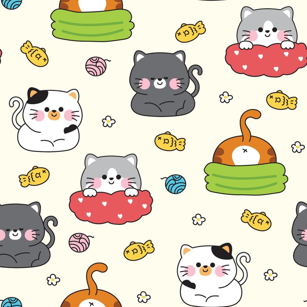 Seamless pattern of cute cat in various poses stay in pet nest background.Meow.Fish,yarn,flower.Pet animal character cartoon design.Kawaii.Illustration. vector
