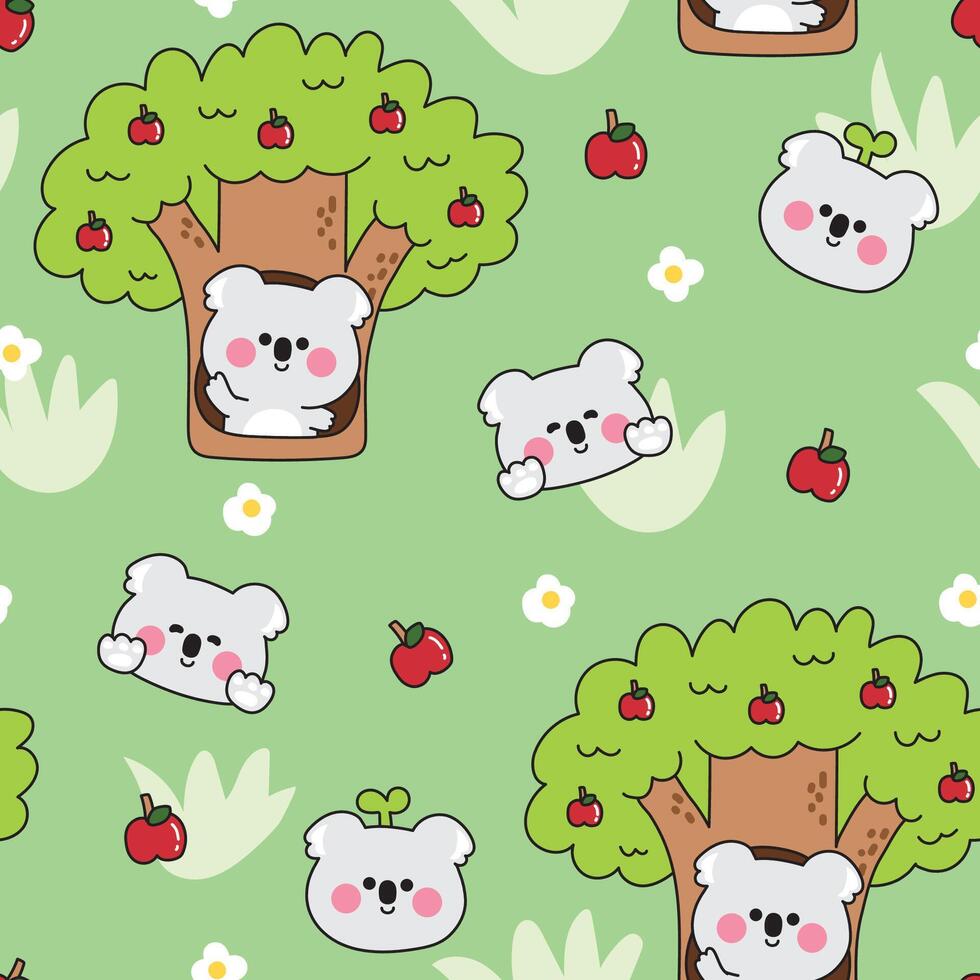 Seamless pattern of cute koala bear greeting in cavity apple tree background.Wild mammal animal character cartoon design.Jungle.Flower,grass,fruit.Kawaii.Illustration vector