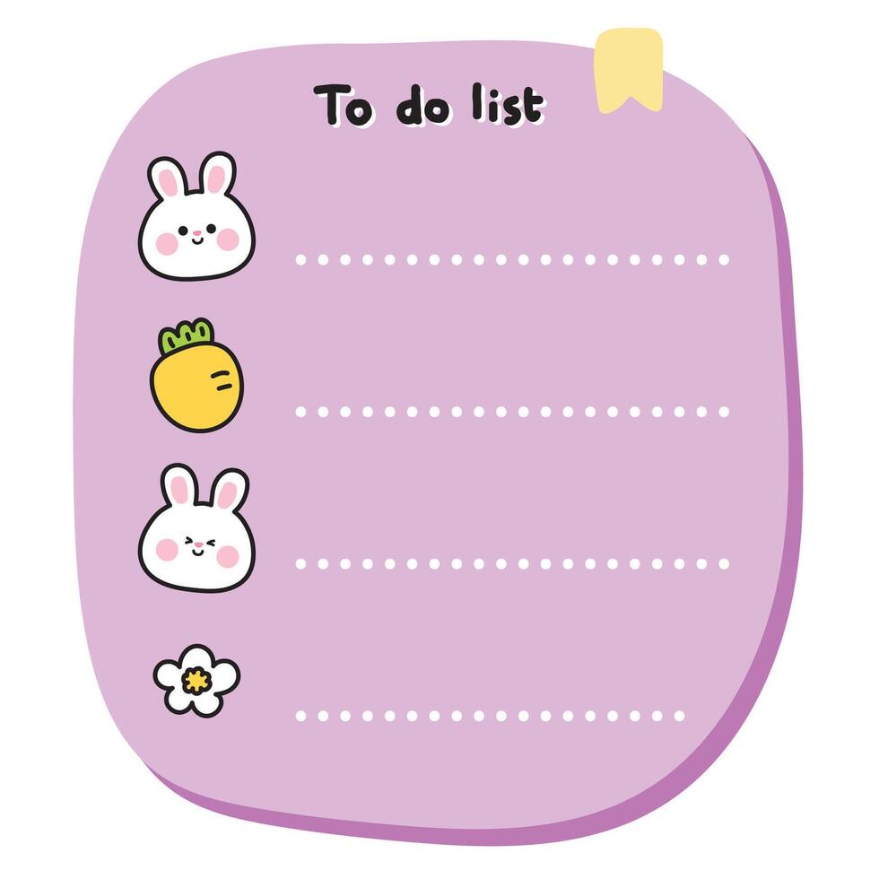 Cute rabbit face carrot and flower on paper note.To do list.Stationary.Writing.Rodent animal character cartoon design.Kawaii.Illustration. vector