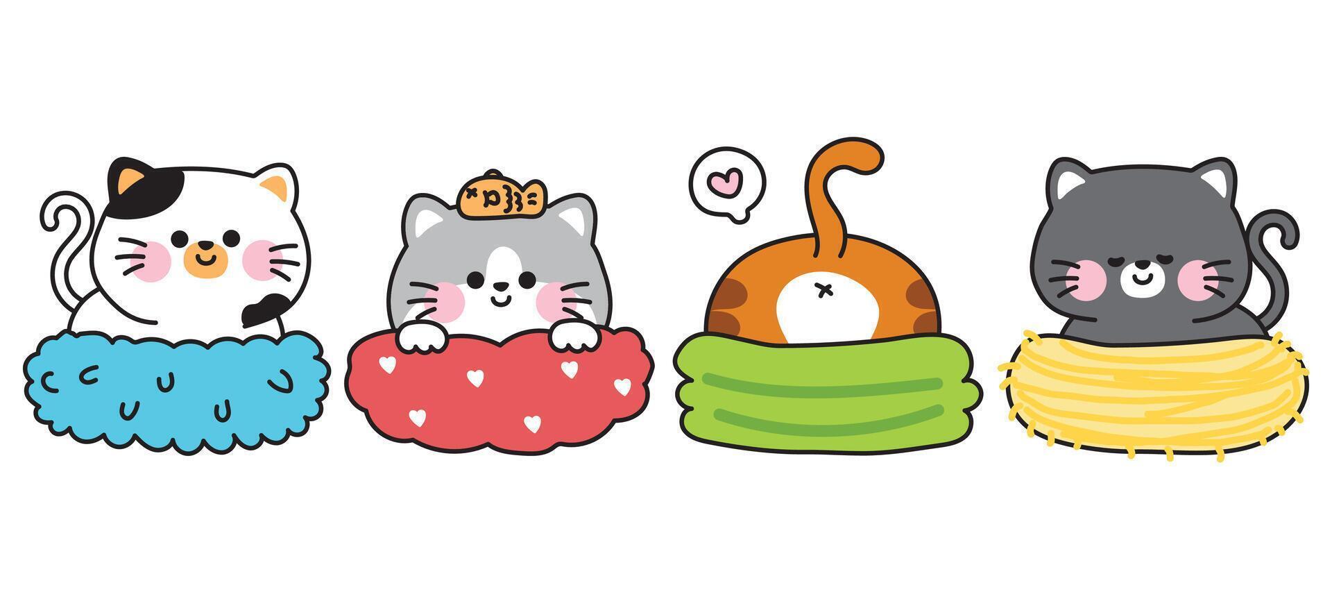 Set of cute cat in various poses stay in pet nest.Meow.Pet animal character cartoon design.Kawaii..Illustration. vector