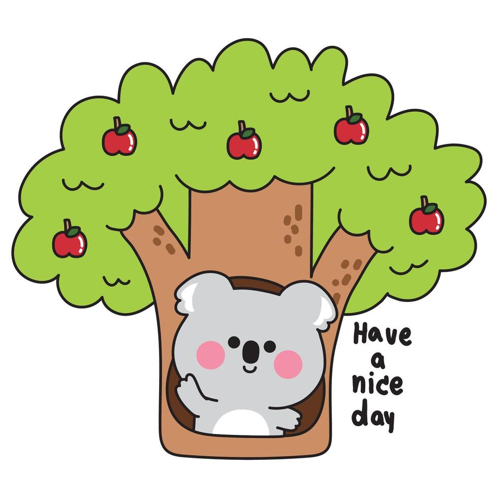 Cute koala bear greeting in cavity apple tree.Wild mammal animal character cartoon design.Jungle.Have a nice day.Kawaii.Illustration vector