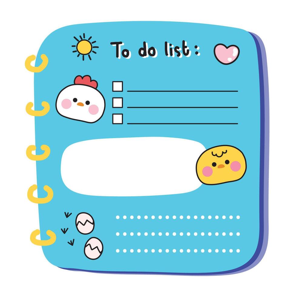 Cute chicken and hen face with eggs on paper note.To do list.Stationary.Writing.Bird farm animal character cartoon design.Kawaii.Illustration. vector