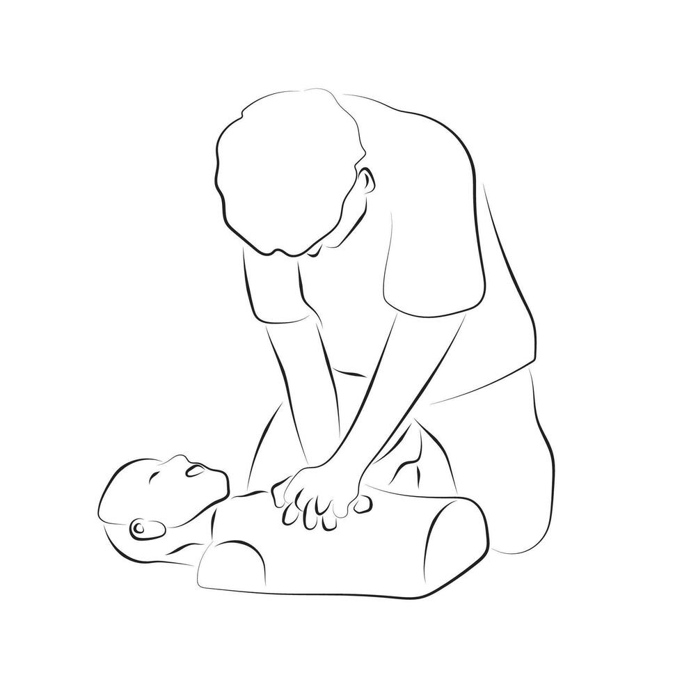 man performing CPR Cardiopulmonary resuscitation on mannequin illustration hand drawn with black lines isolated on white background. vector