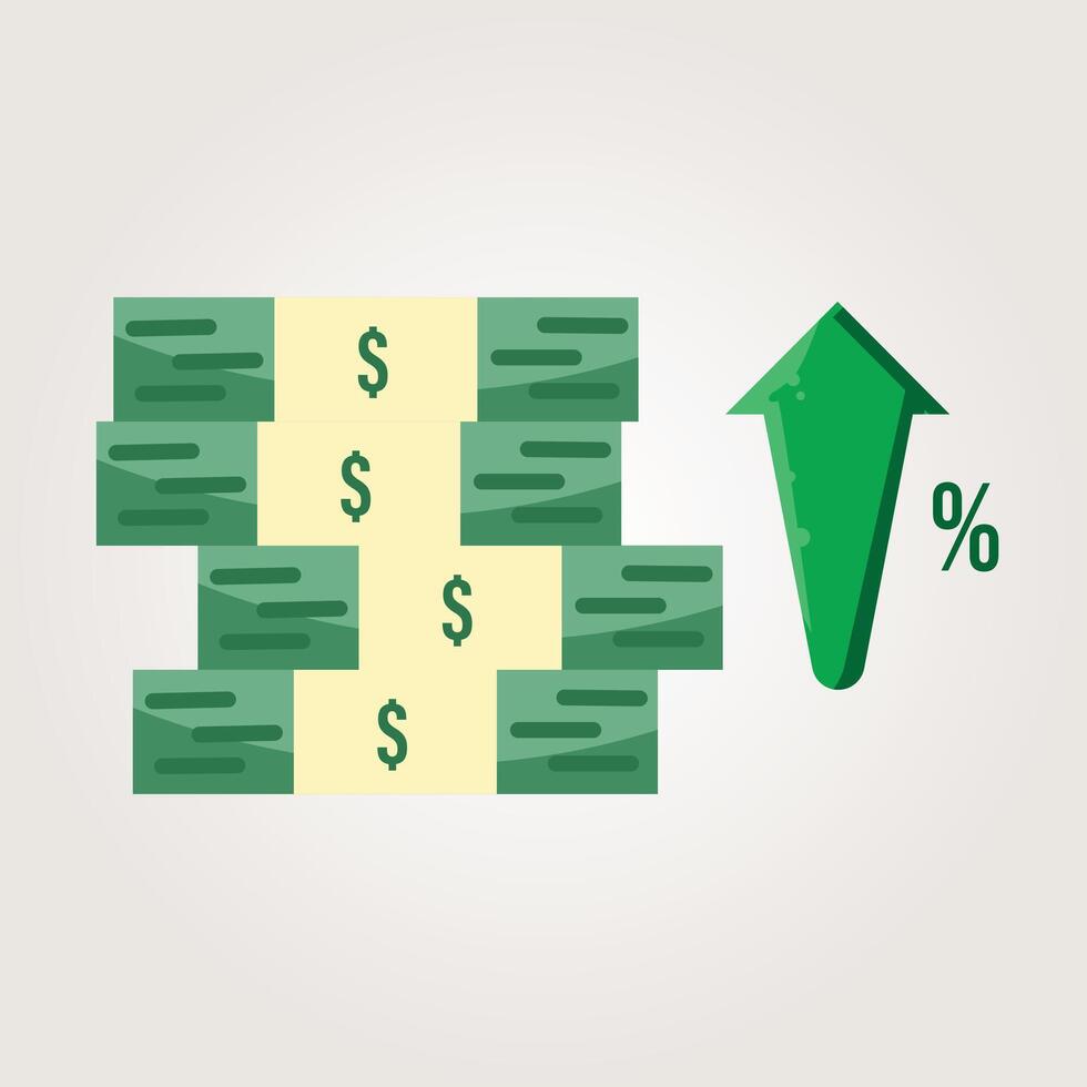 Increasing Stack of Dollar Bills with Growth Percentage Arrow vector