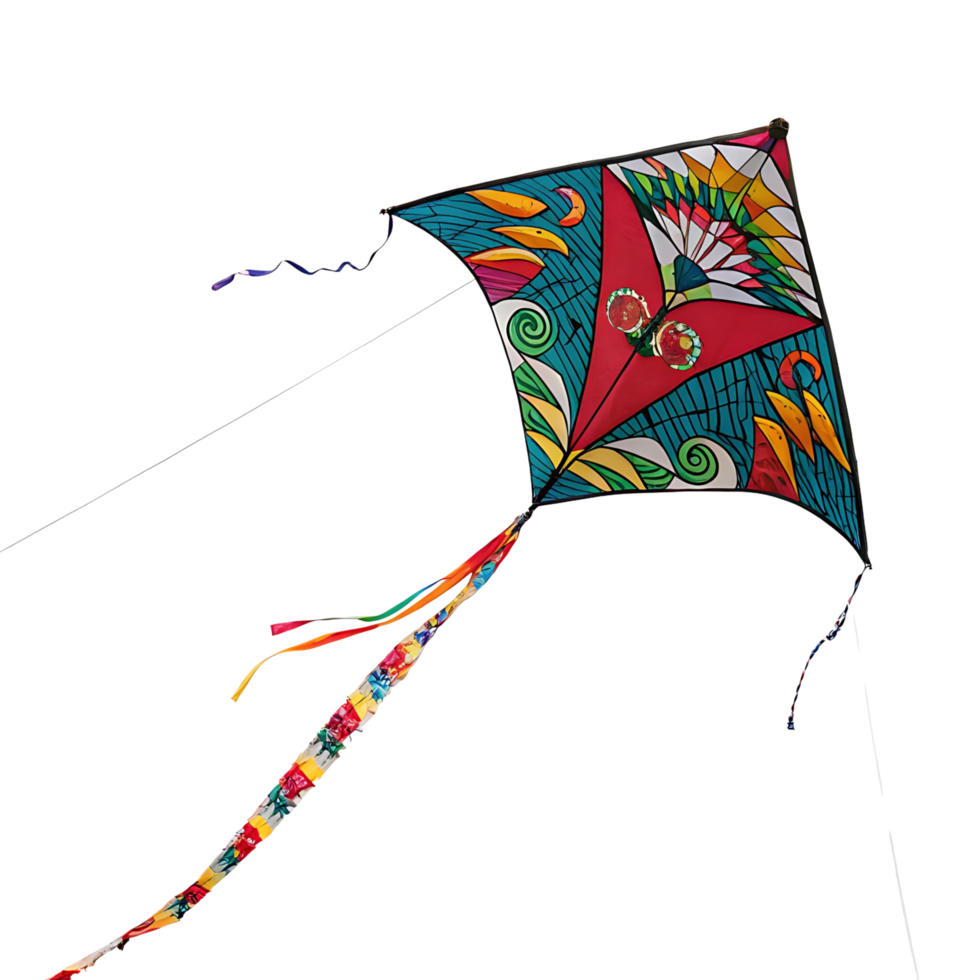 Beautiful kite in bold colors and patterns flying gracefully in the wind with colorful tails fluttering against a serene sky png
