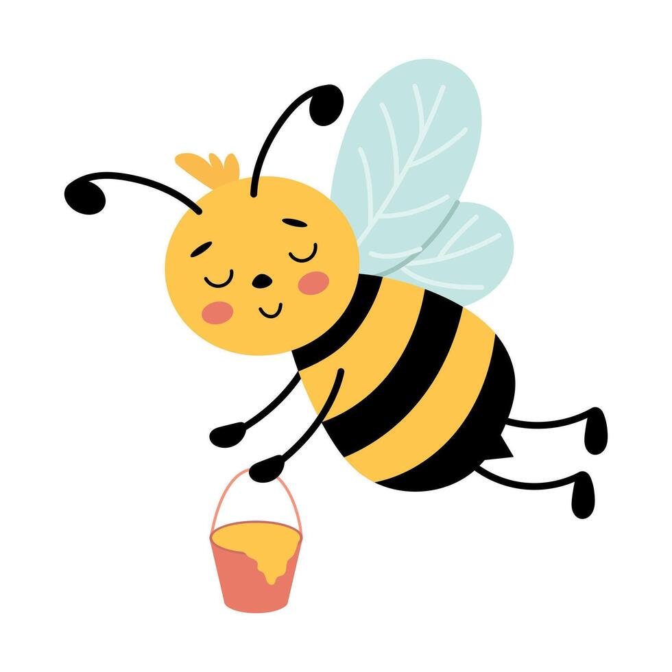 Cute honey bee with a bucket of honey. illustration vector