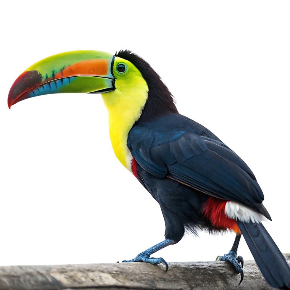 Portrait of a toucan bird, showcasing its vivid orange, yellow, and blue beak and sleek black feathers, perfectly framed with a Transparent background png