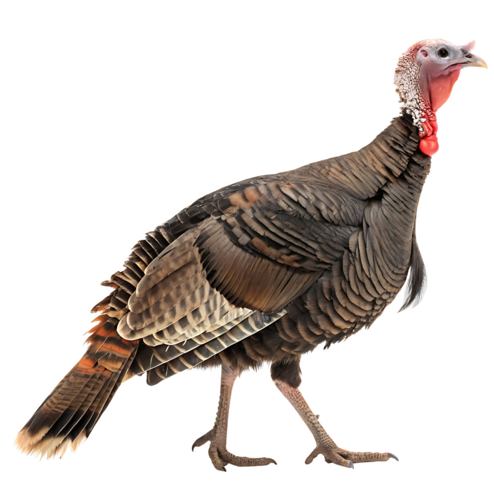Profile of a turkey bird with a colorful beak and head, walking in a snowy environment, with its stunning feathers and tail on full display against a Transparent background png