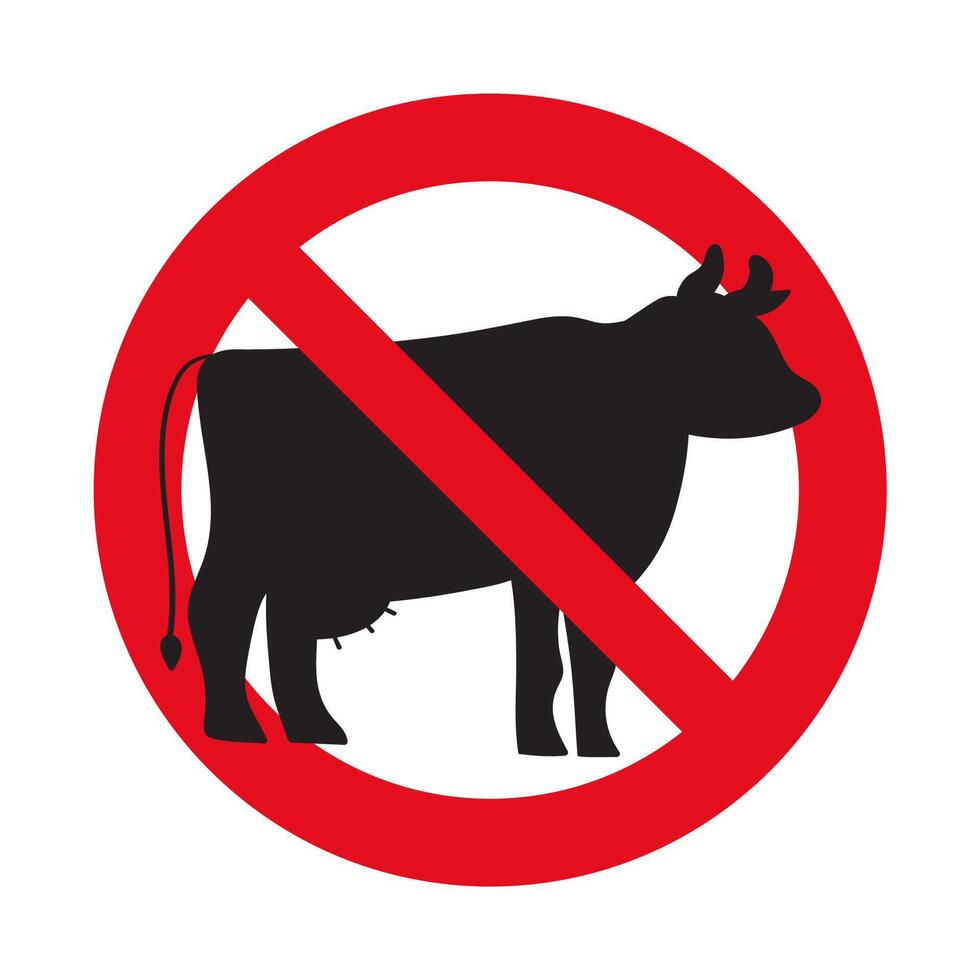 Forbidden sign. No meat. Hand drawn illustration. Isolated icon. Red sign and silhouette of cow. vector