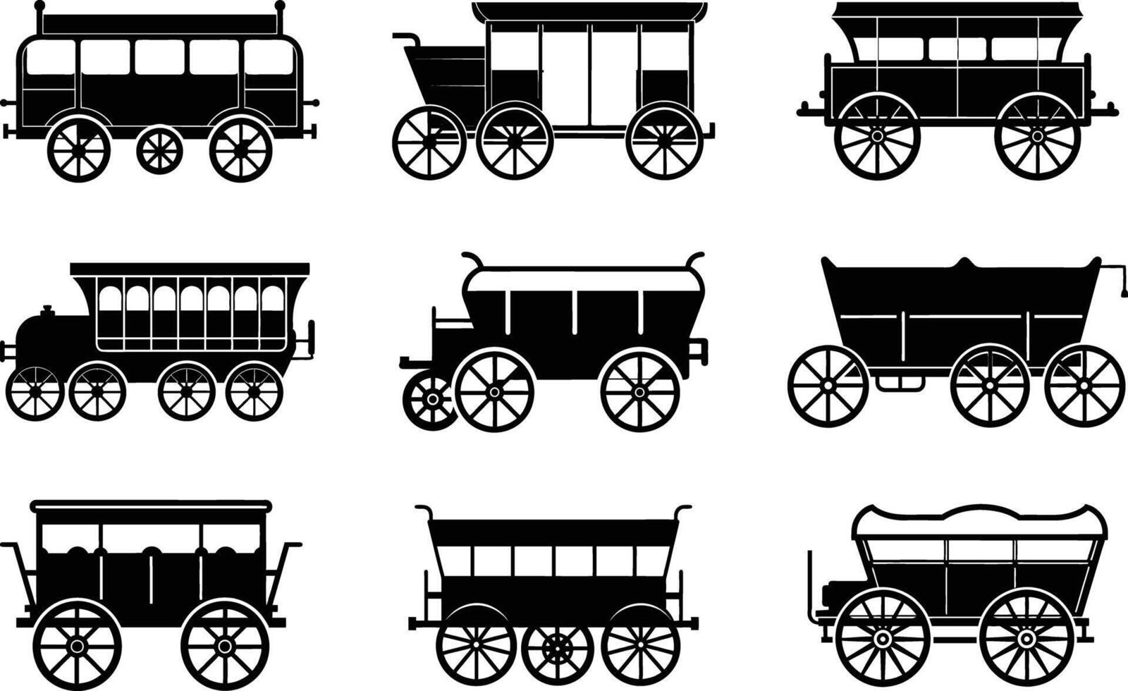 Silhouette of Wagon icon set. Black logo isolated on black and white background. vector