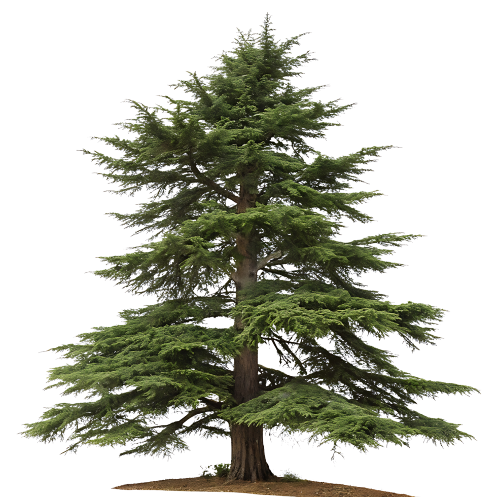 A majestic cedar tree with wide reaching branches against a Transparent Background showcasing its unique shape and vibrant green foliage png