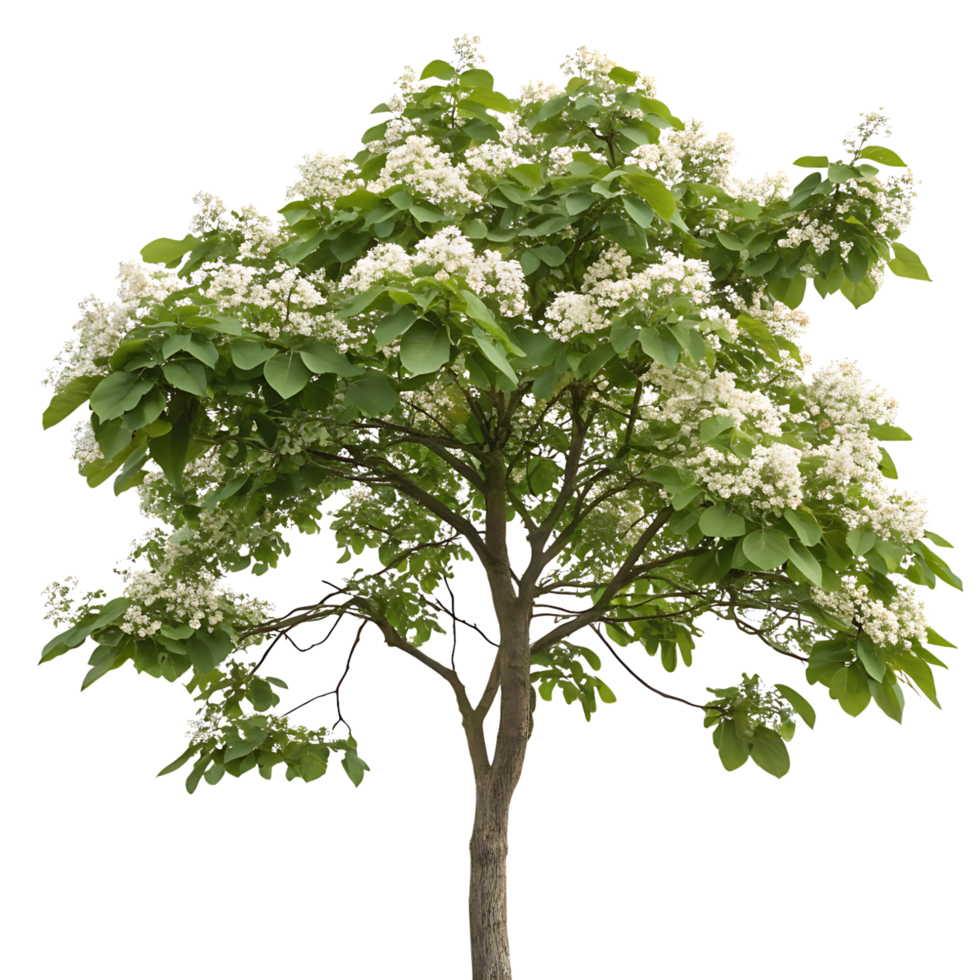 Decorative catalpa tree with lush green foliage and flowers potted in a round planter and photographed on a Transparent Background png