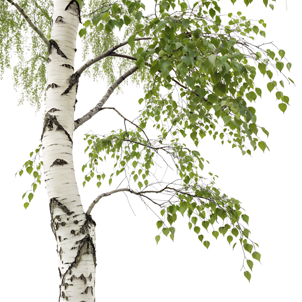 birch trees trunk and small green leaves isolated on a clean background emphasizing its intricate details and delicate foliage png