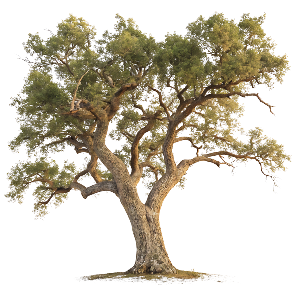 An elegant cork oak tree with twisting branches and rich green leaves set against a clean Transparent Background symbolizing strength and nature png