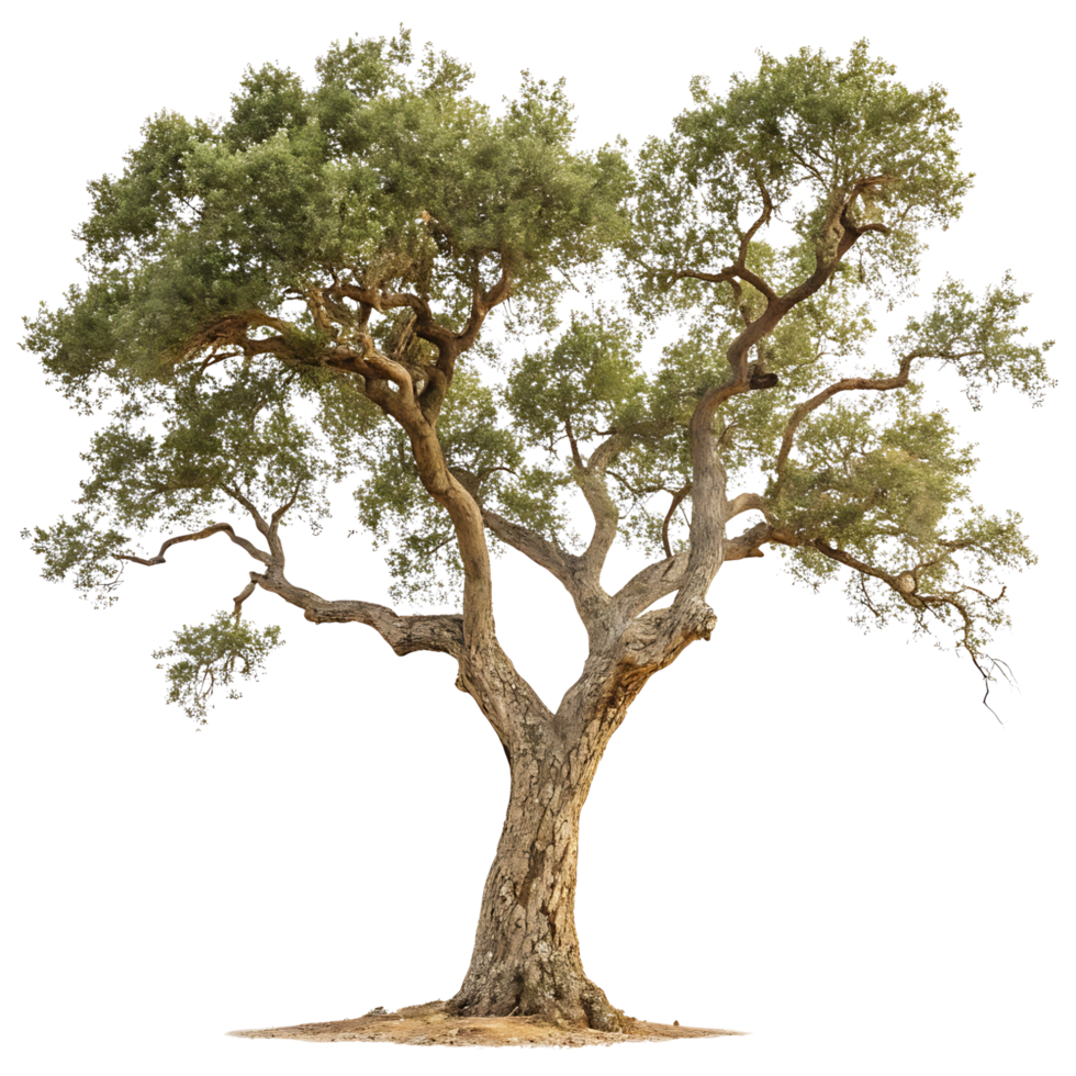 A stately cork oak tree with a strong gnarled trunk and abundant green foliage standing alone in the center of a Transparent Background png