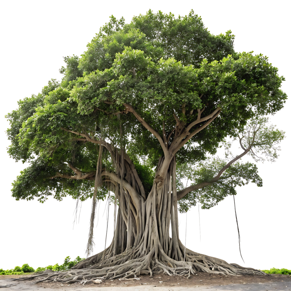 Lush banyan tree with hanging vines and thick branches isolated on perfect for showcasing biodiversity and ecological importance png