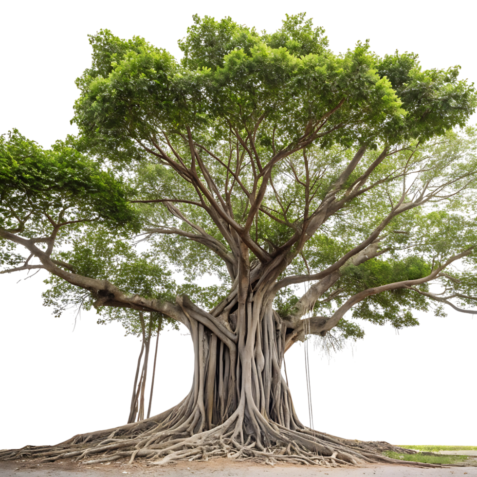 Scenic banyan tree with cascading aerial roots and a vast canopy isolated on emphasizing its tropical beauty and organic complexity png