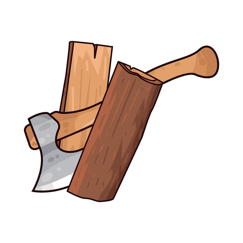 illustration of an axe with a wooden handle cuts a piece of wood vector