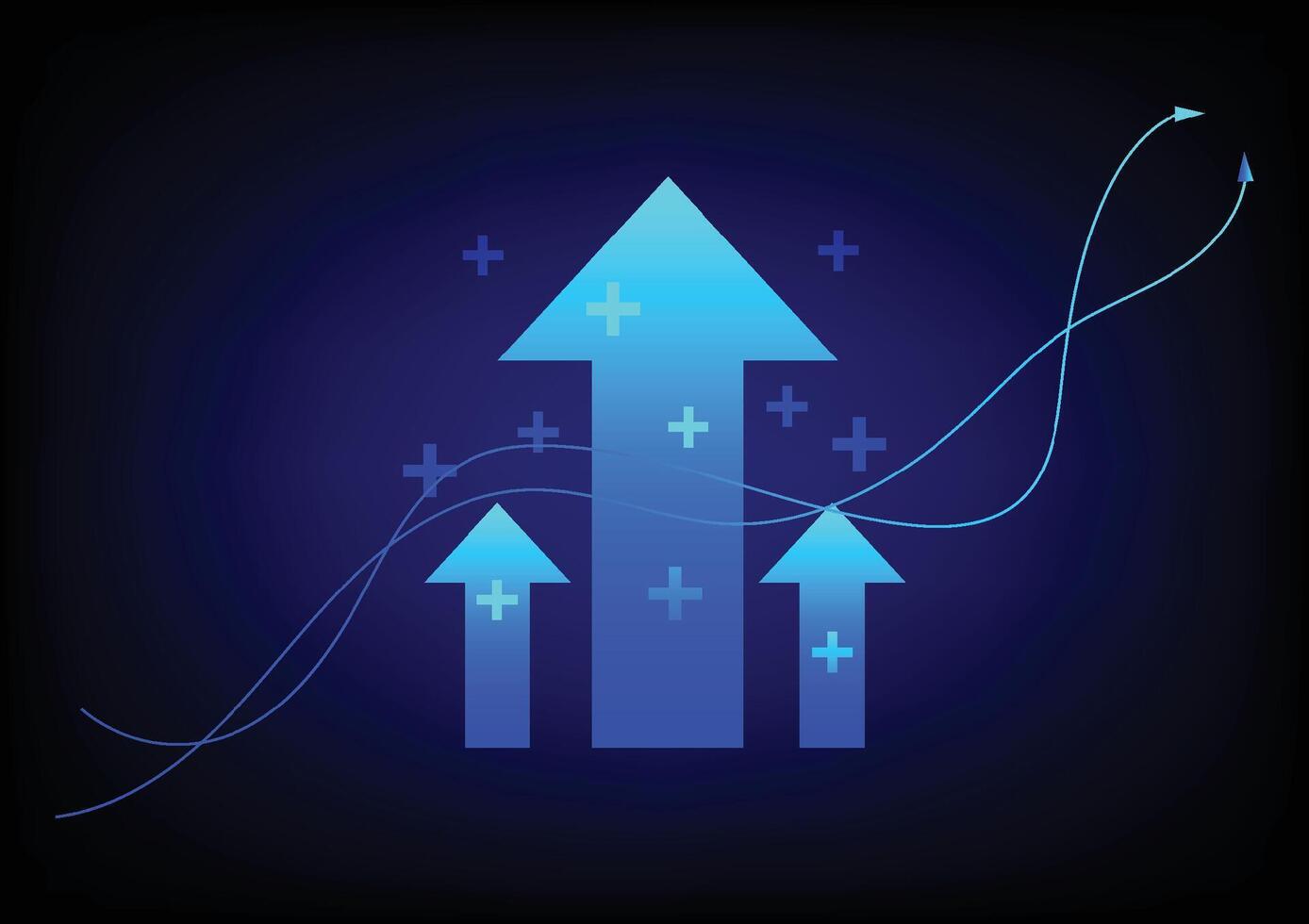 Stock and investment concept. A upper arrow and line graph on a dark blue background. Bullish market, profit of wealth, high risk high return, business growth up. vector