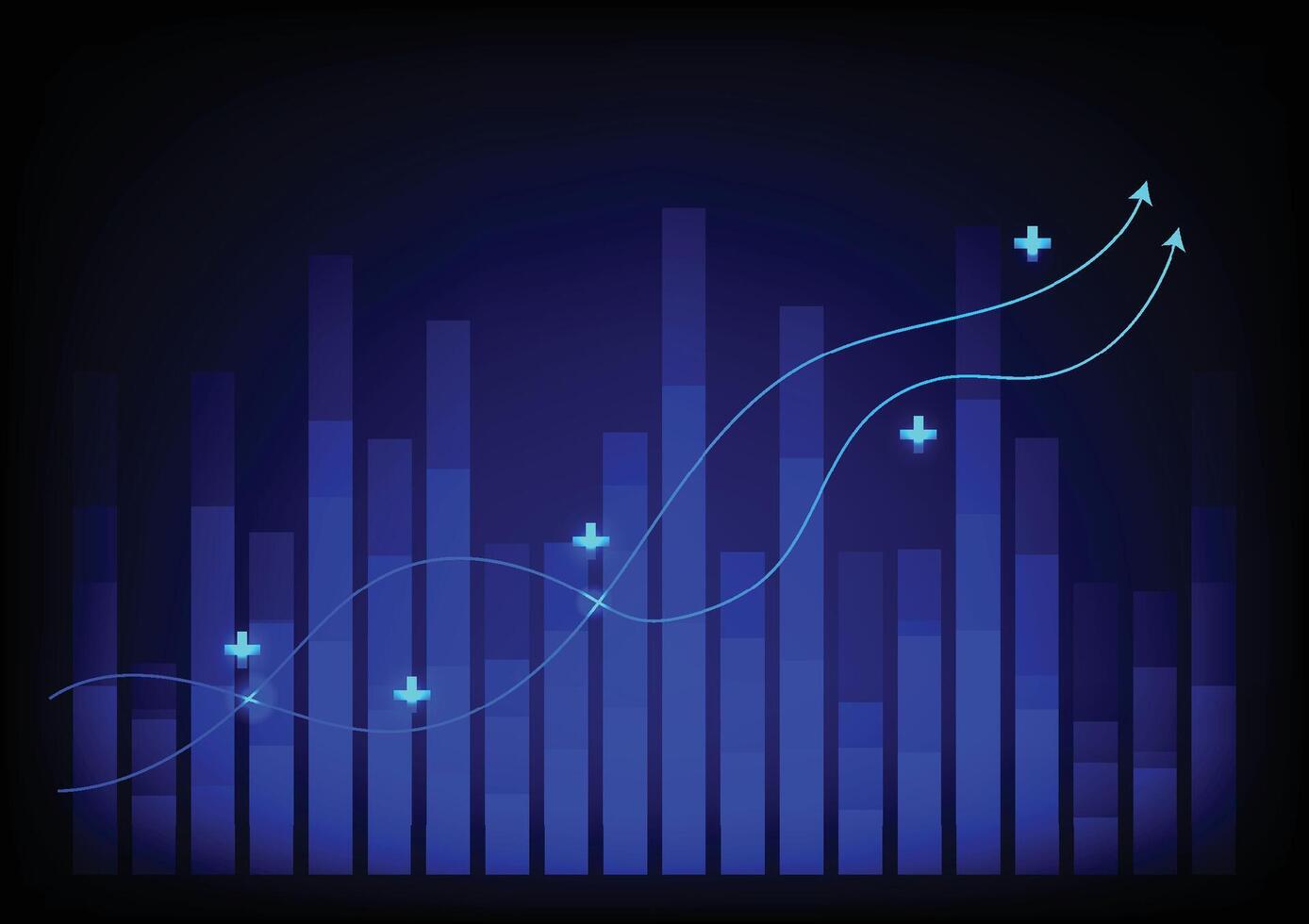 Stock and investment concept. A bar and line graph on a dark blue background. Bullish market, profit of wealth, high risk high return, business growth up. vector