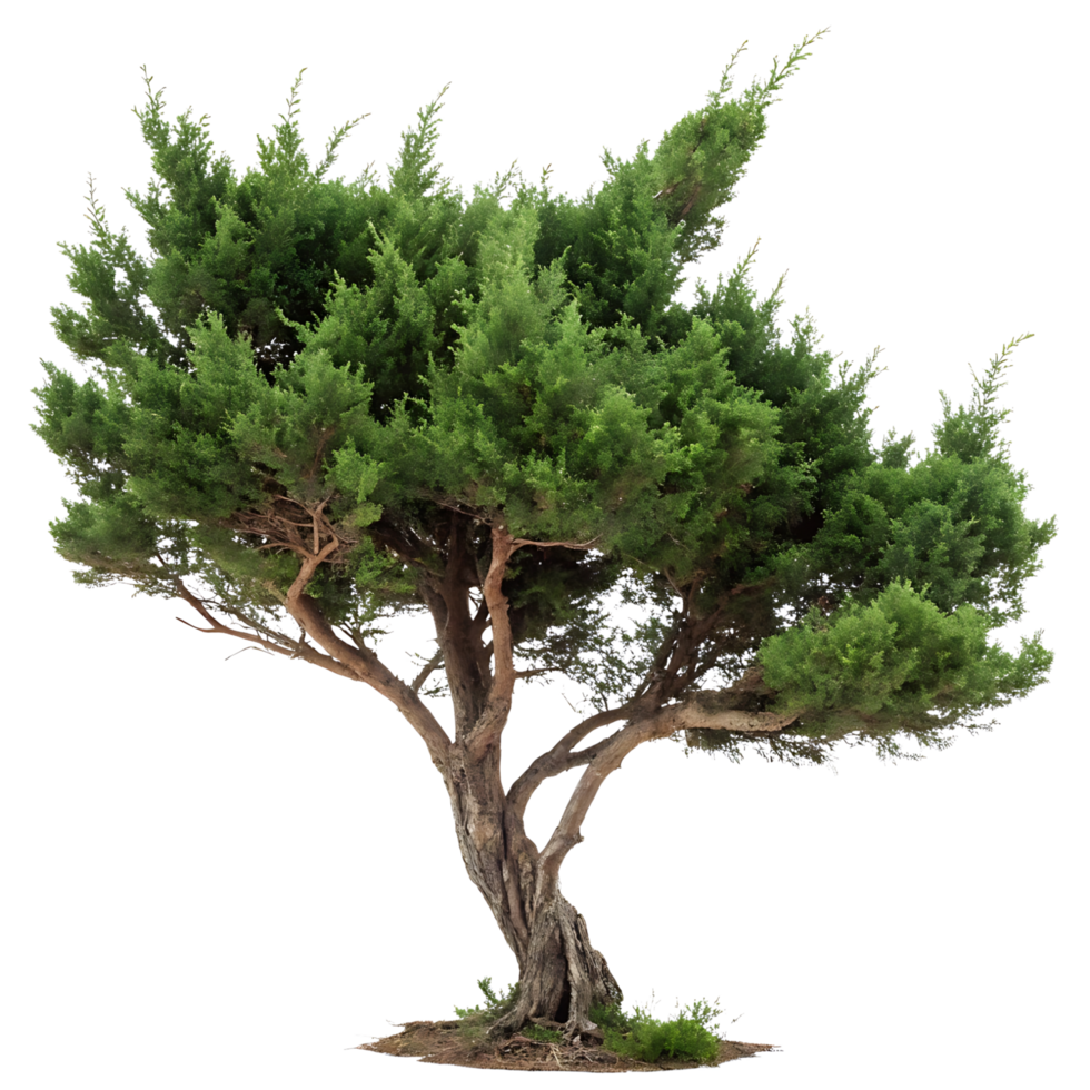 Graceful juniper tree with a full canopy of fresh green leaves captured in front of a pure Transparent Background emphasizing its distinct form png