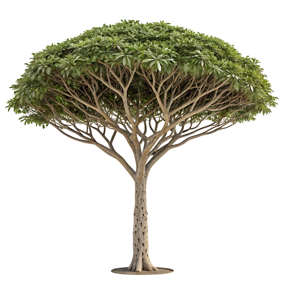 An umbrella tree with a distinctive rounded canopy and slender branches standing tall against a crisp Transparent Background emphasizing its unique shape and form png