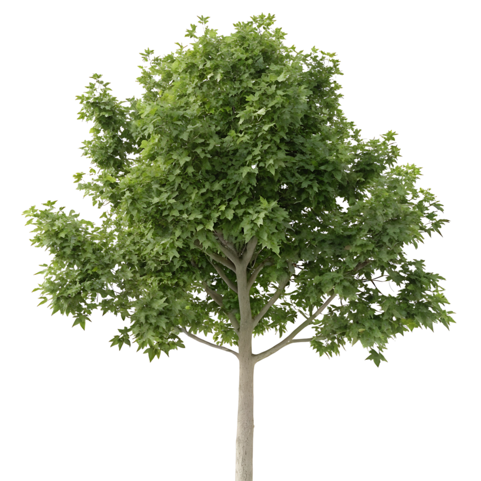 A well defined sweetgum tree with lush green leaves and a thick trunk creating a striking visual impression against the pure space behind it png