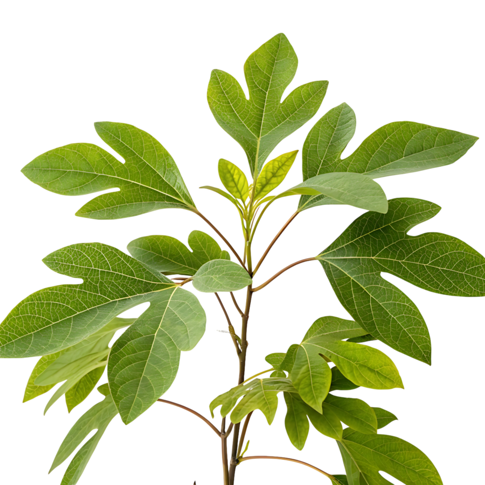 sassafras leaves with varying shapes isolated on a Transparent Background emphasizing the plants distinctive and fresh appearance png