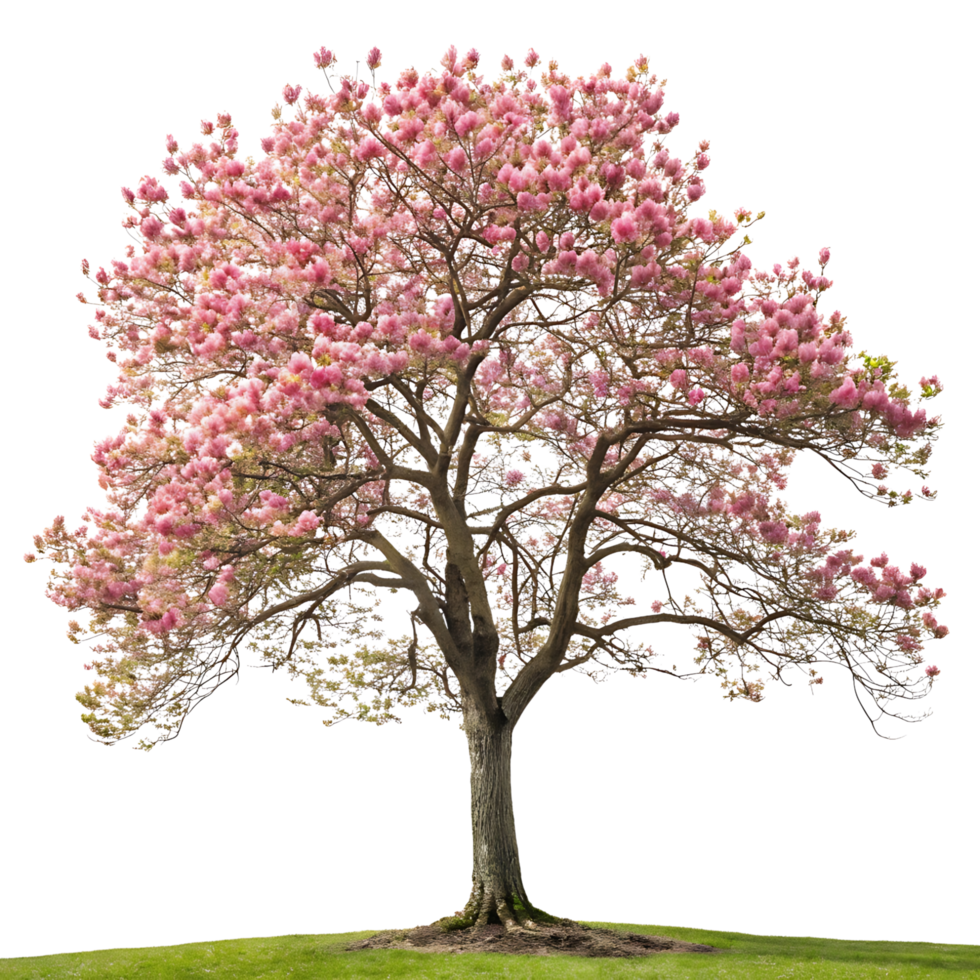 A blooming tulip tree with beautiful pink blossoms and spring green leaves photographed with a clean Transparent Background for a striking visual focus png