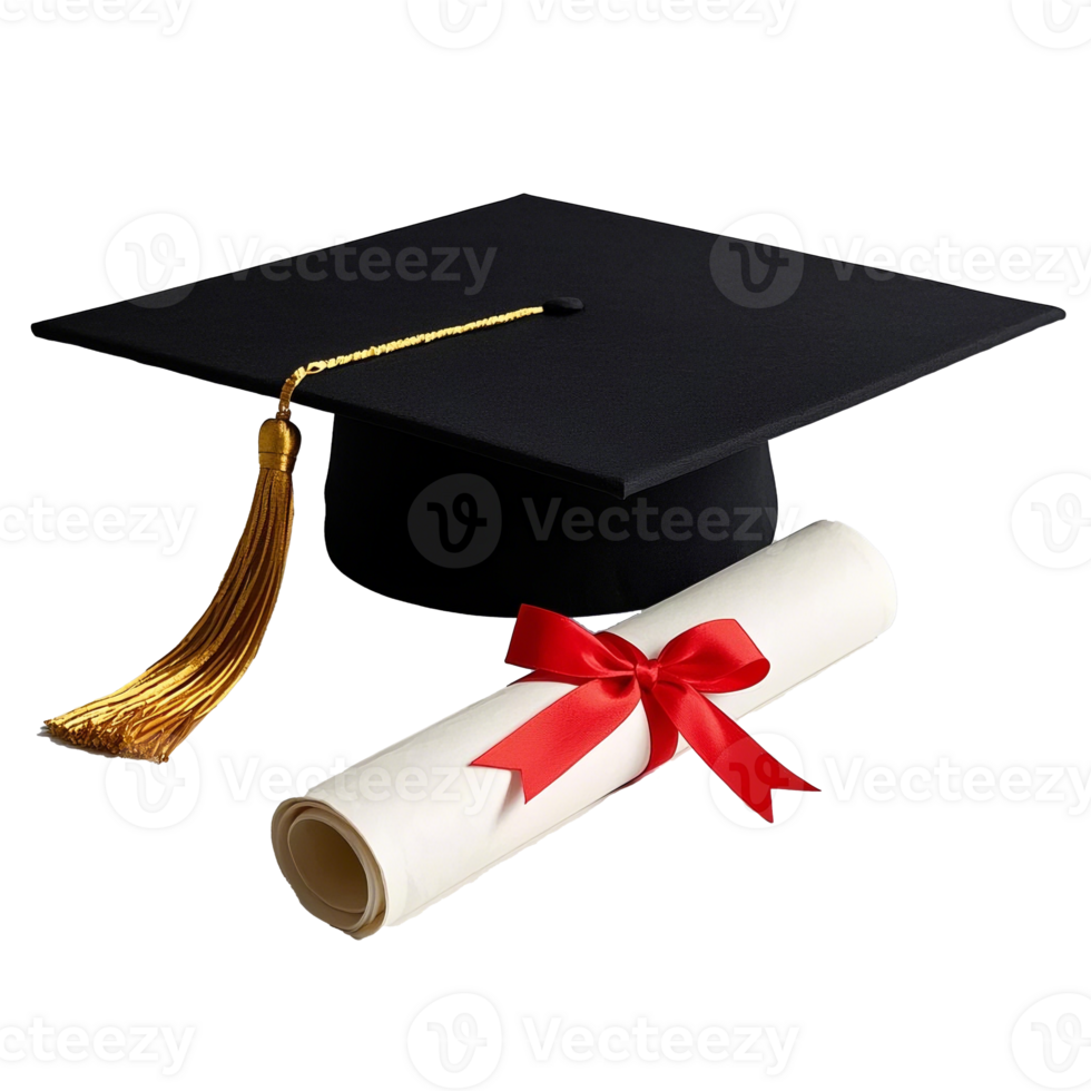 Graduation Cap And Diploma With Red Ribbon Isolated On Transparent Background png