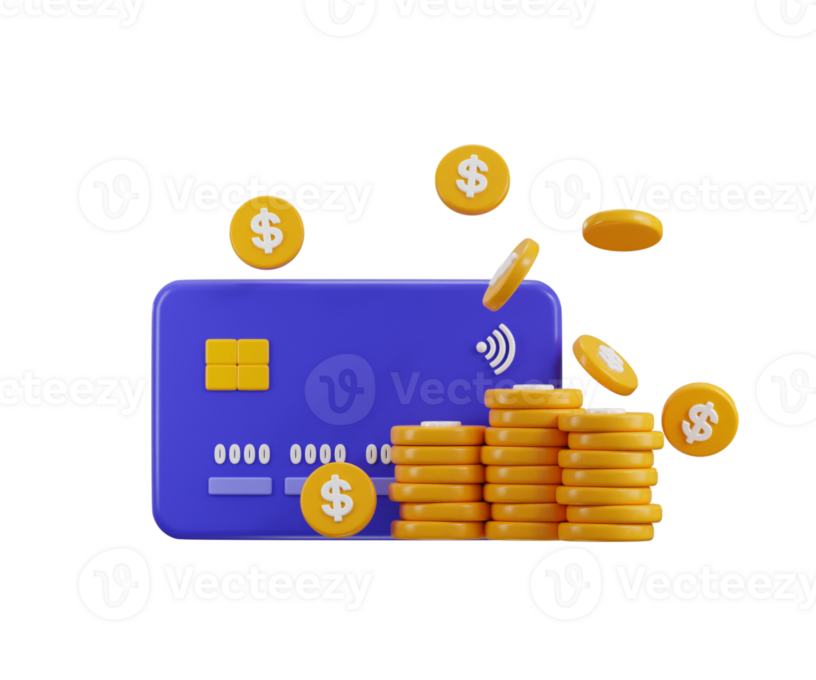 Credit card with dollar coin stack icon 3d render concept of online payment system, digital wallet payment, pay 3d credit card png