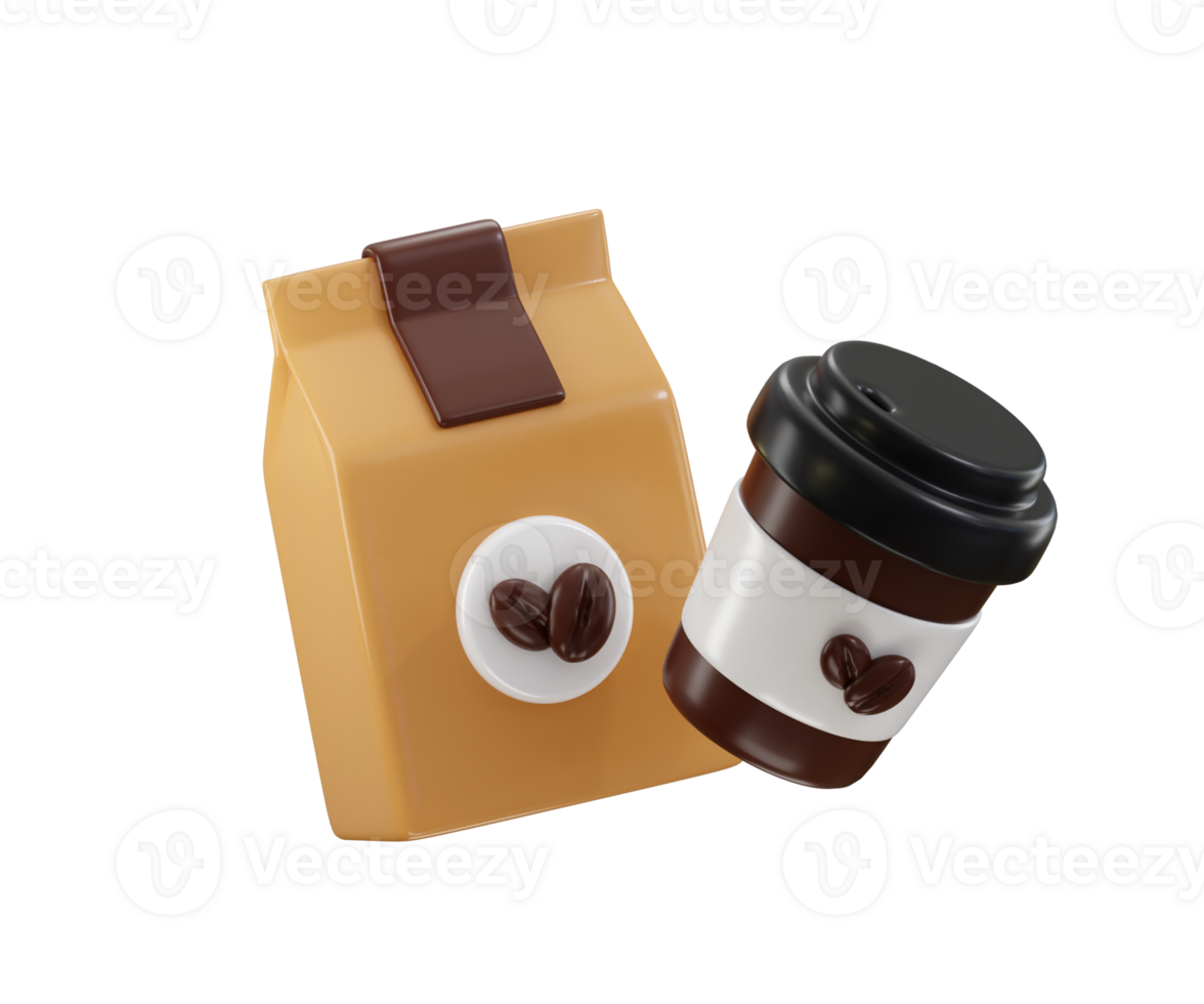 coffee bag with coffee cup icon 3d render concept of milk latte coffee with coffee bin png