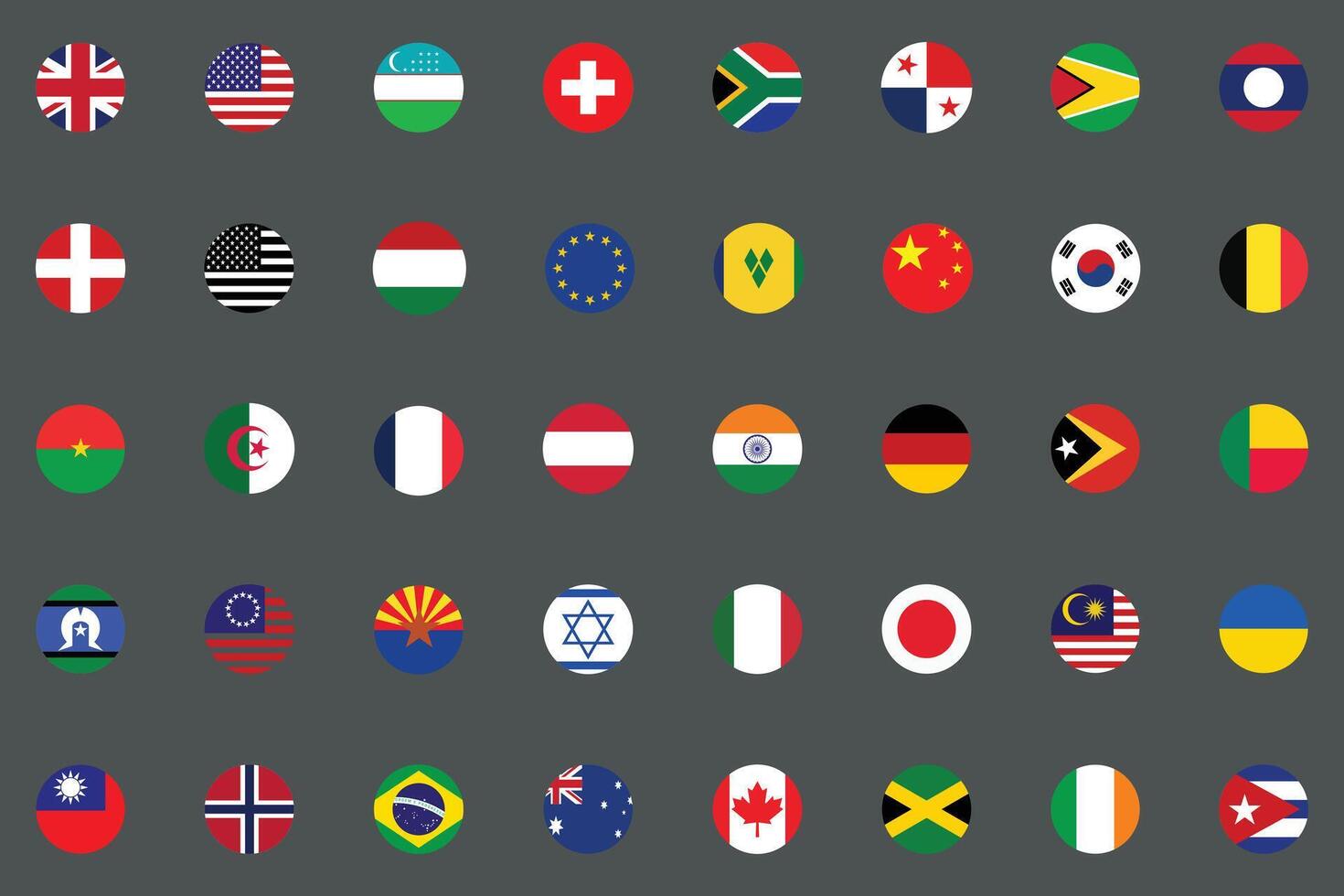 National round flags icons of 40 countries isolated on gray background. vector