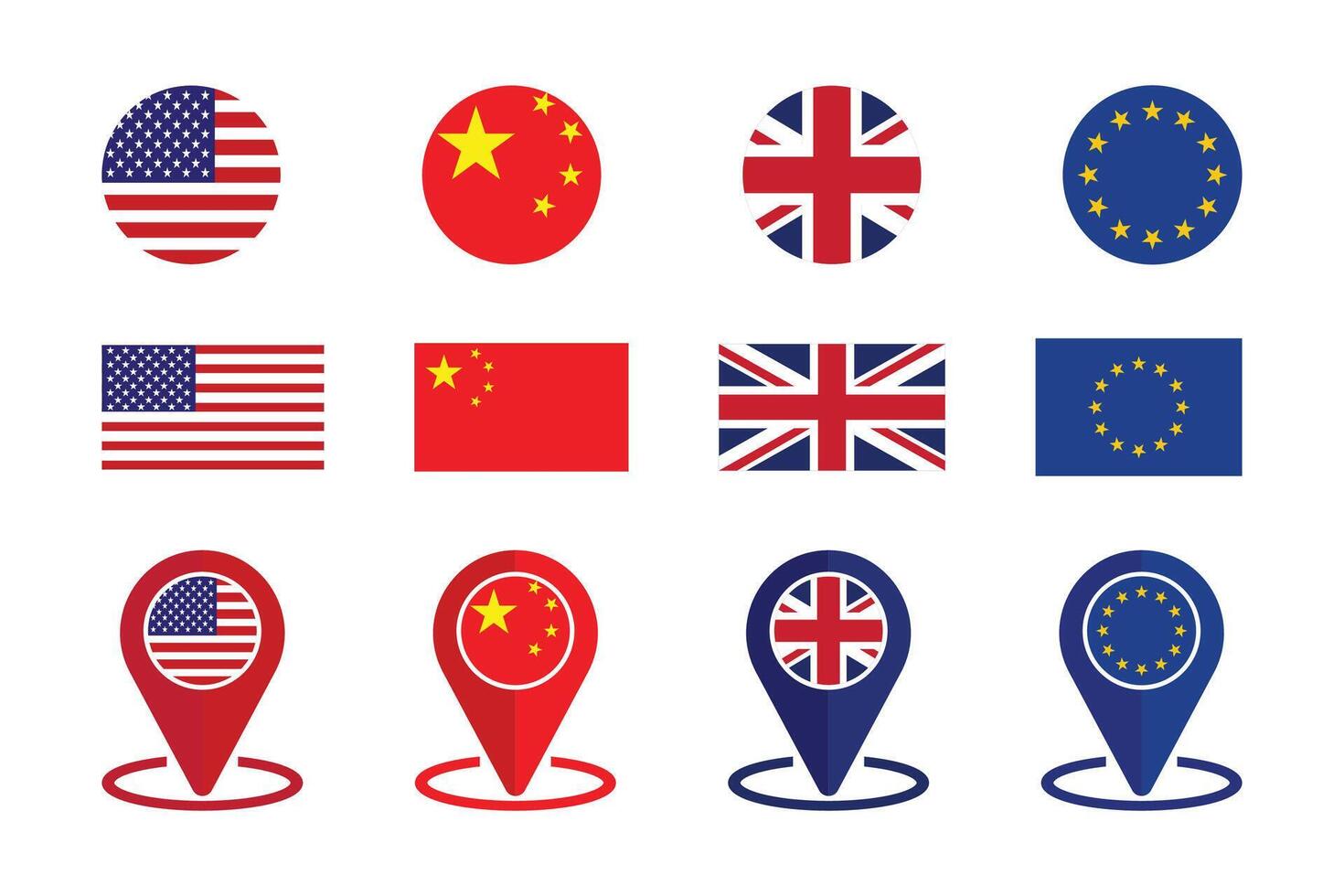 USA, China, UK and EU country flags with map pointer icons and round flags on white background. vector