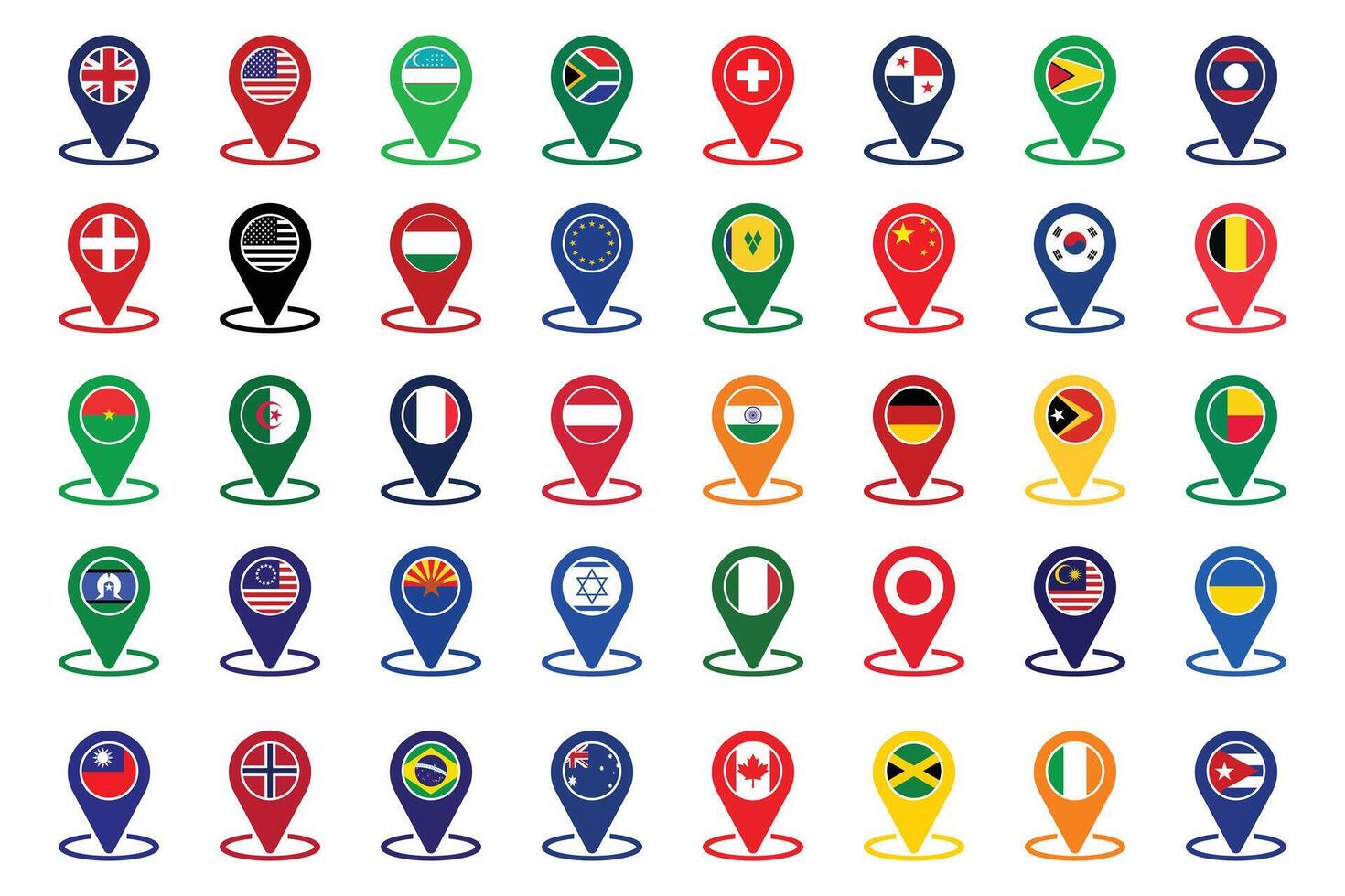 Map Pointer Markers Icons with National Flags 40 Countries Flags on white background. vector