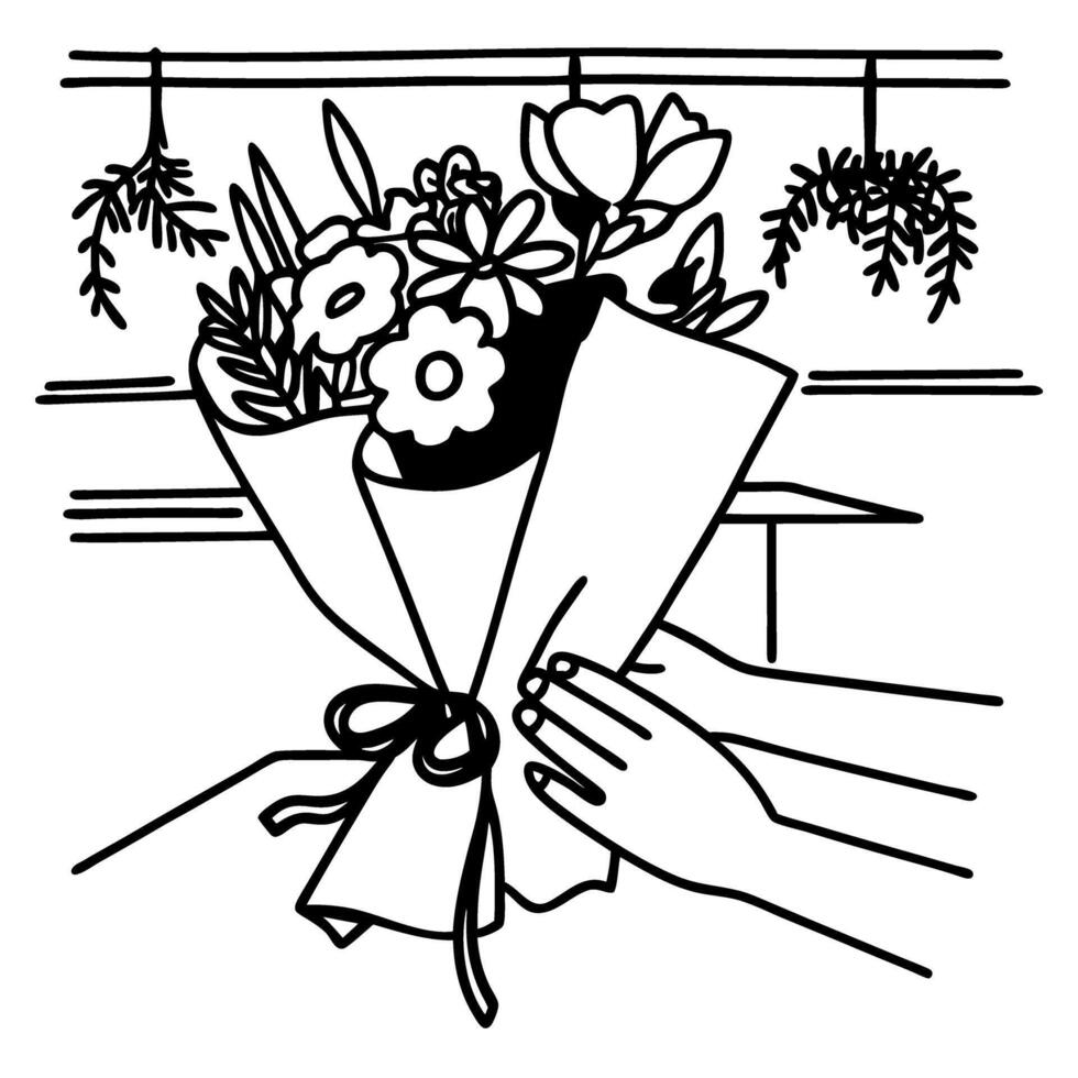 Floral bouquet in hand line art illustration of flowers wrapped in paper with hanging plants in background vector