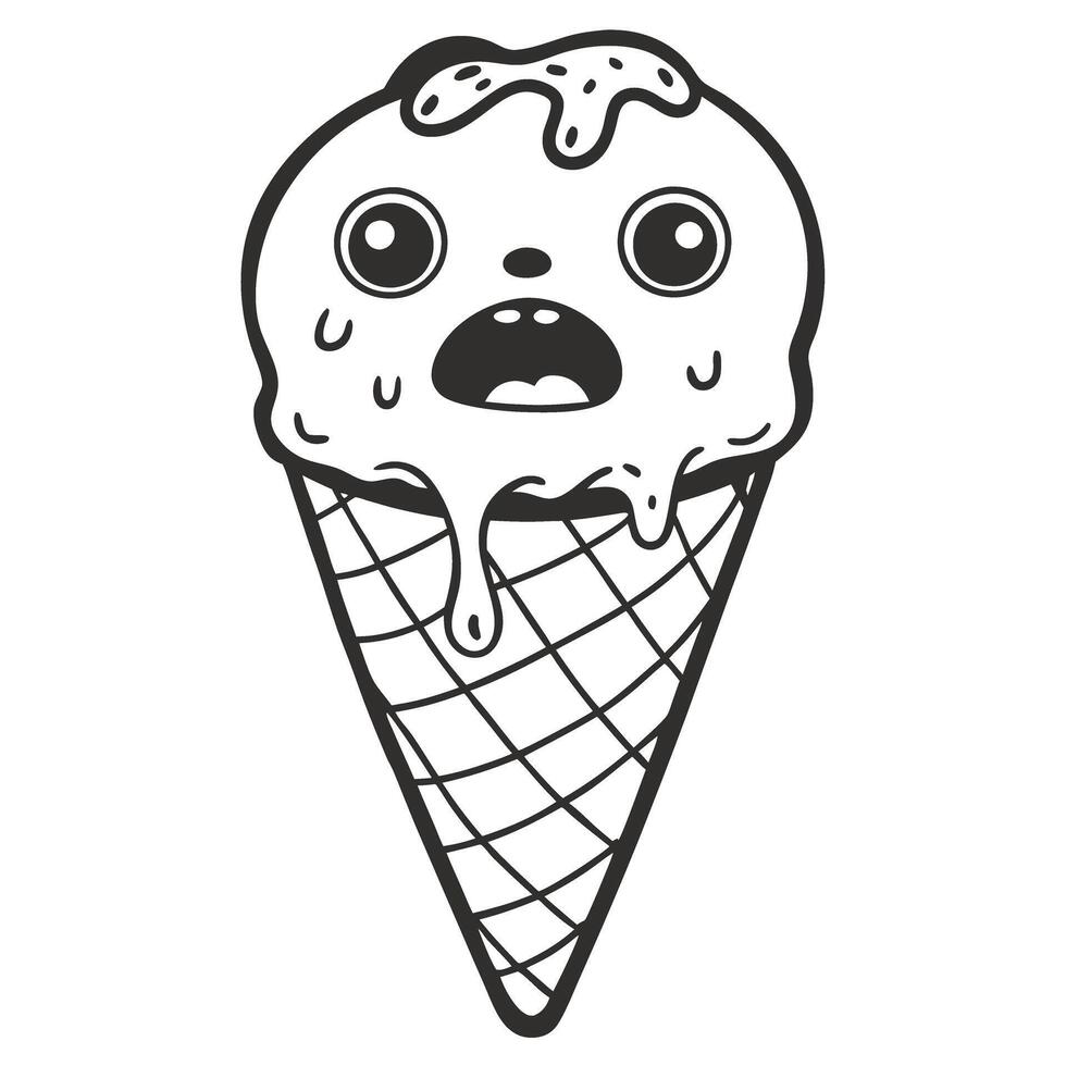Melting ice cream cone with surprised face, comic art vector