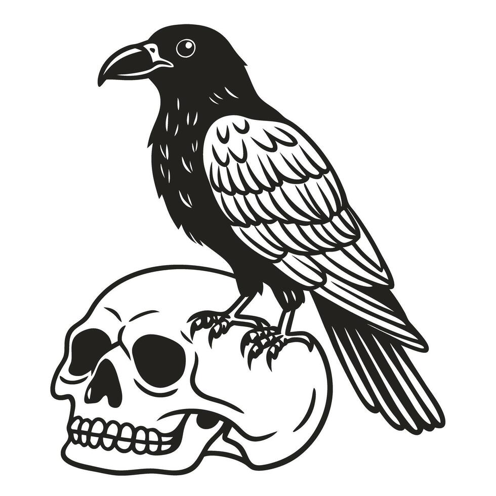 Raven perched on skull illustration black and white gothic design, bird symbolizing mystery and death vector