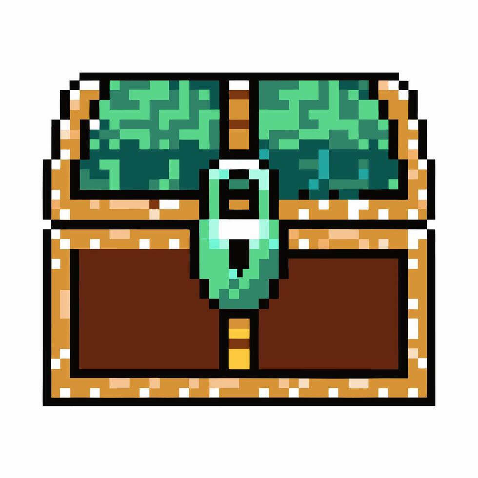 Pixel Art Treasure Chest with Green Gems and Secure Lock vector
