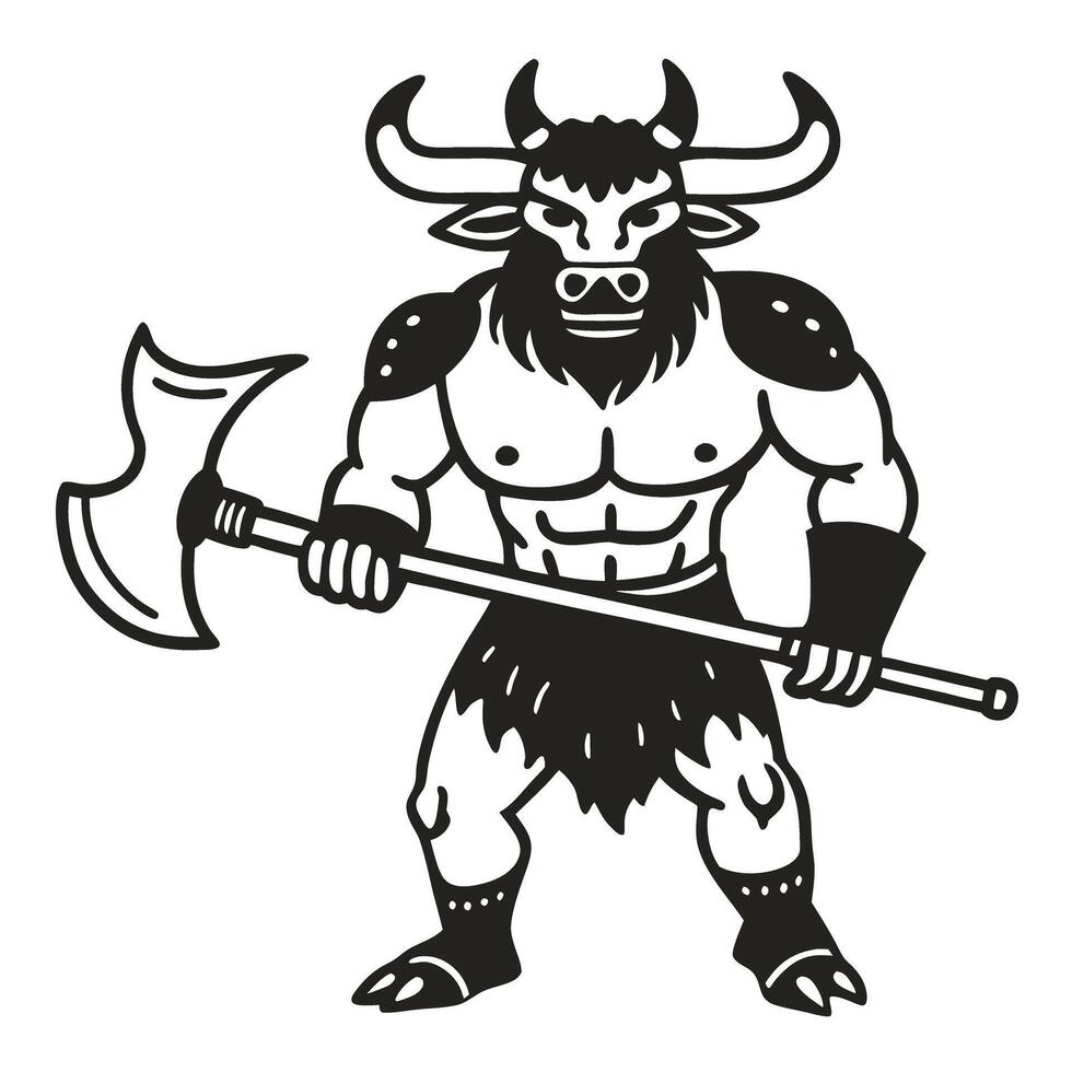 Minotaur warrior with axe mythical creature illustration, powerful beast with horns and muscular build vector