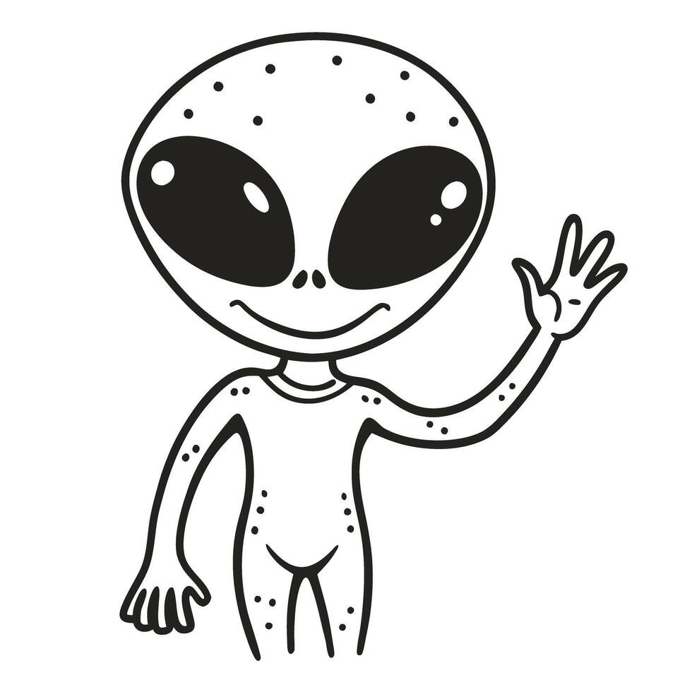 Cute alien character waving hello with friendly gesture, simple black and white vector