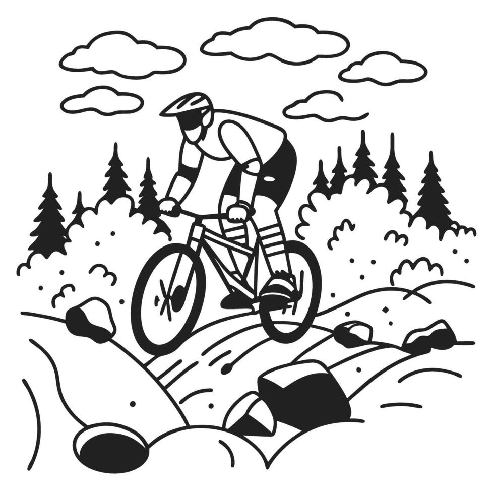 mountain cyclist navigating rocky trail in forest black and white line drawing of outdoor adventure, biking through nature vector