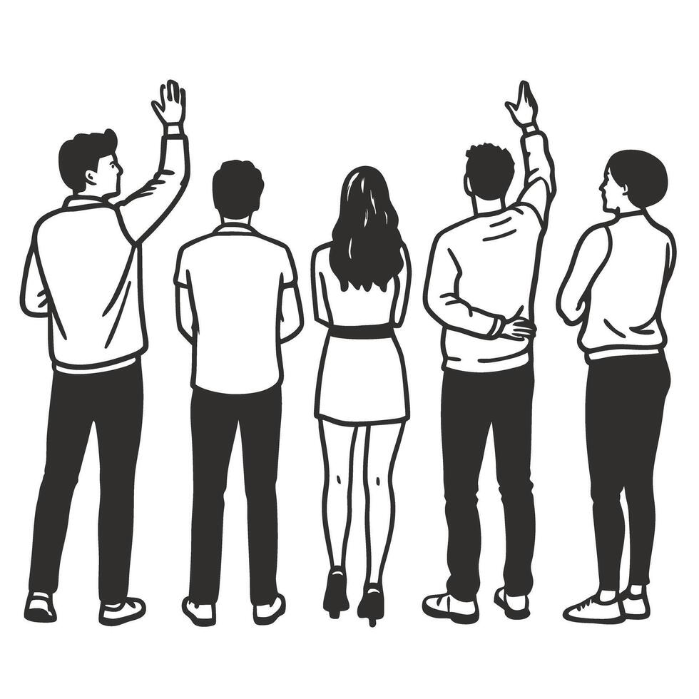 group of five diverse individuals raising hands, back view people discussing, engaging in meeting, decision making vector