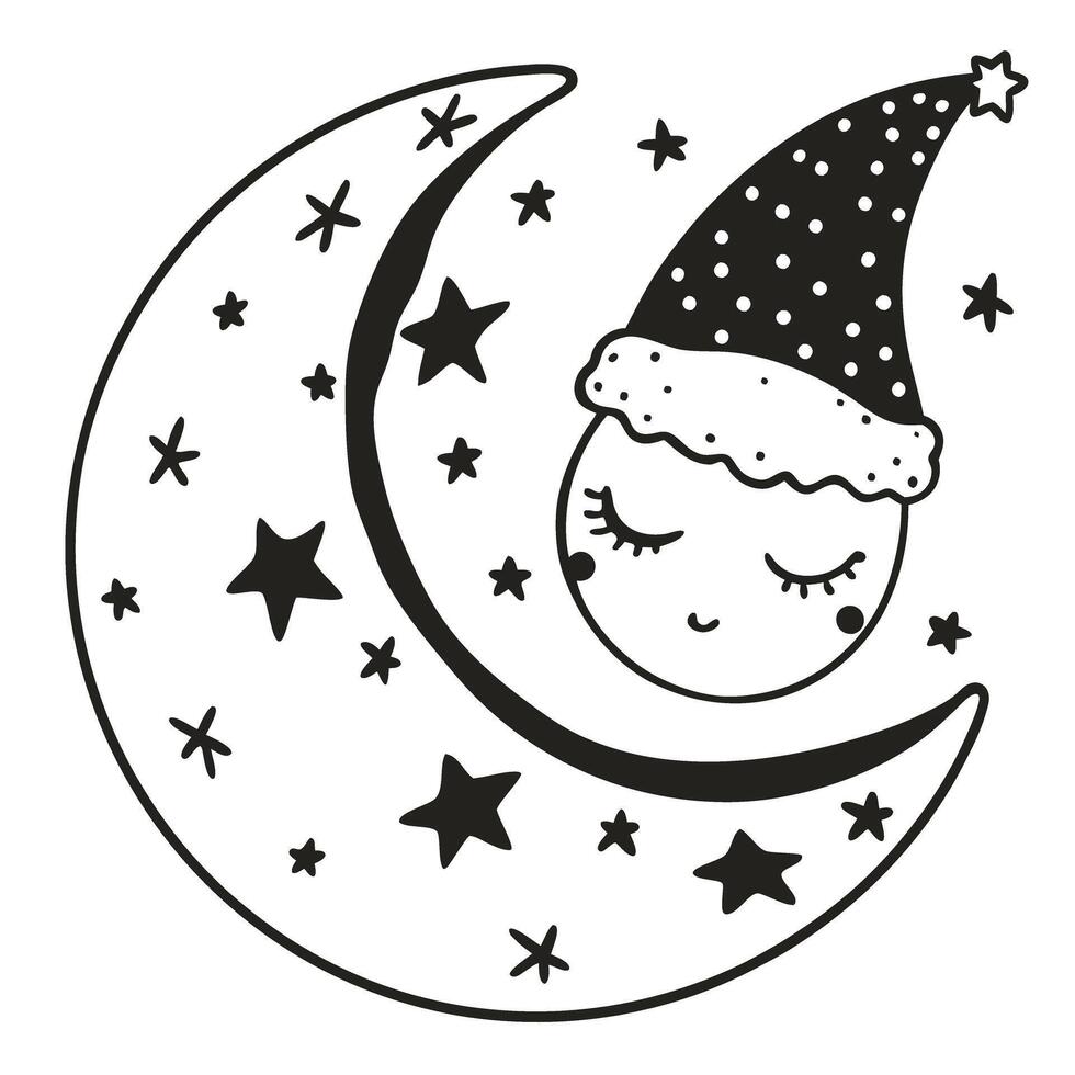 sleeping moon illustration with stars and nightcap cute dreamy lunar design, celestial nighttime theme vector