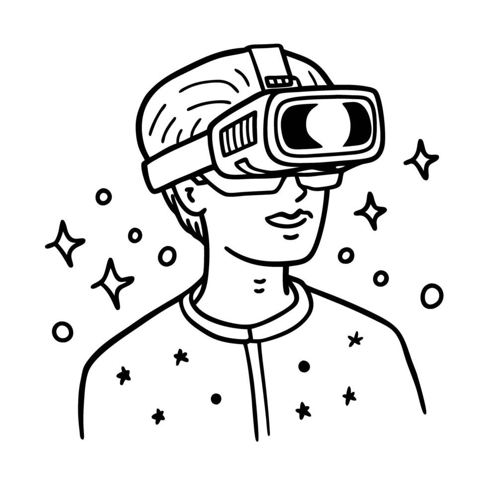 person using virtual reality headset with stars immersive technology experience, digital innovation, futuristic gaming concept vector