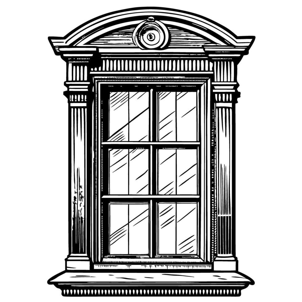 Classic vintage arched window illustration with ornate frame, architectural details, intricate design, historical style vector