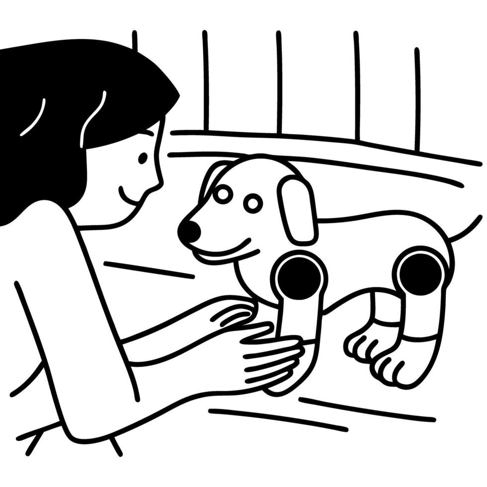 Child playing with cheerful dog on bed, black and white illustration happy pet, friendship and joy vector