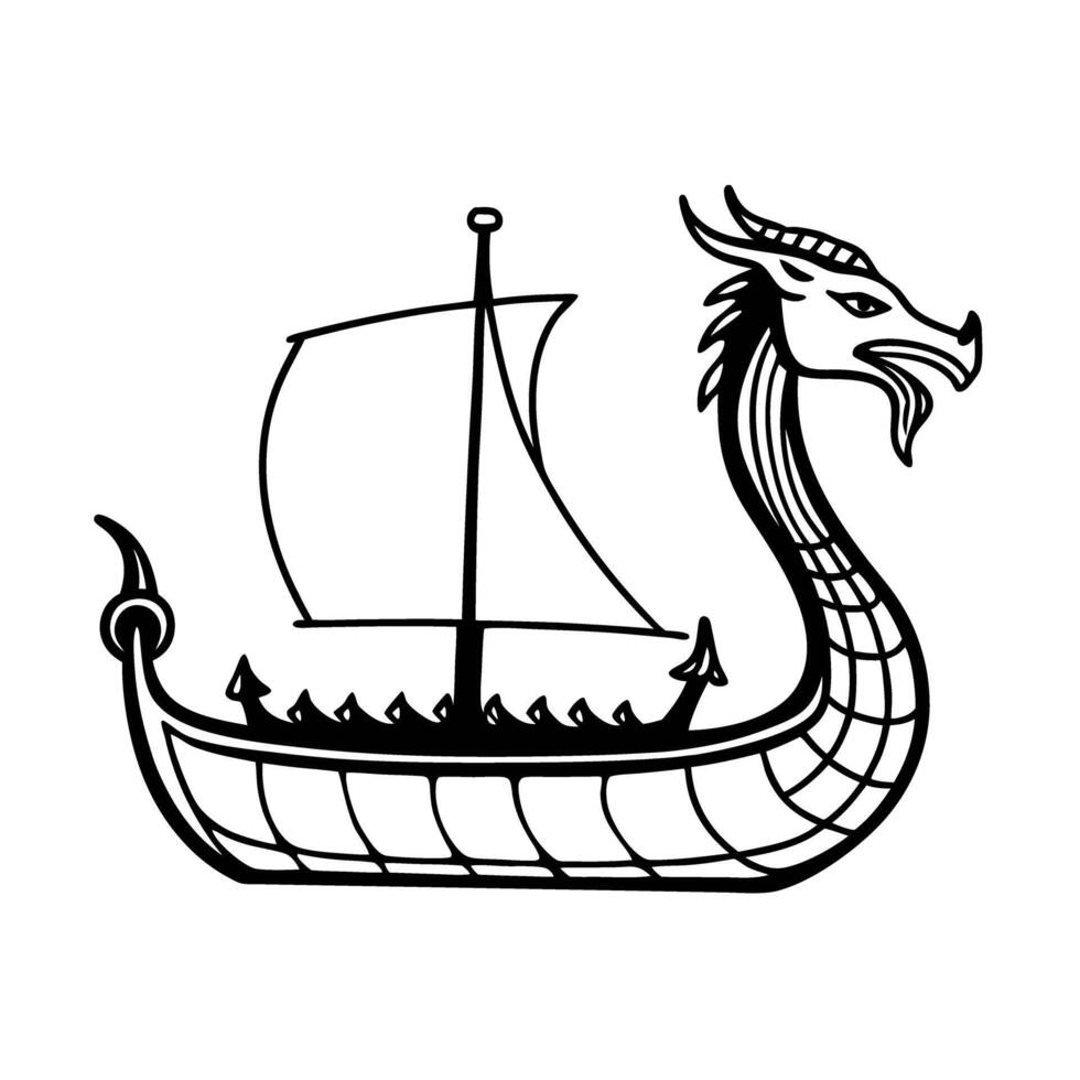 Viking longship with dragon head, black and white outline medieval seafaring vessel, norse mythology symbol vector